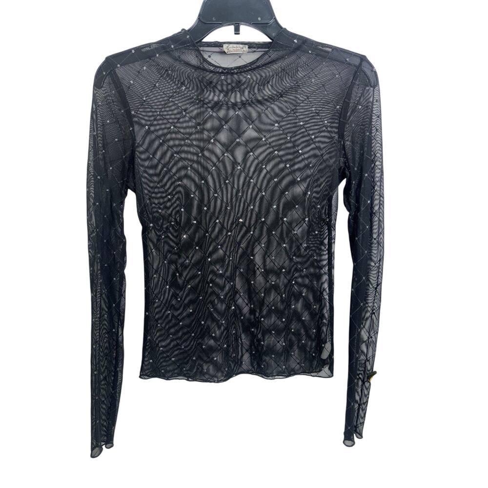 Free People Intimately Black Mesh Sheer Sparkle Long Sleeve XS Mock Neck